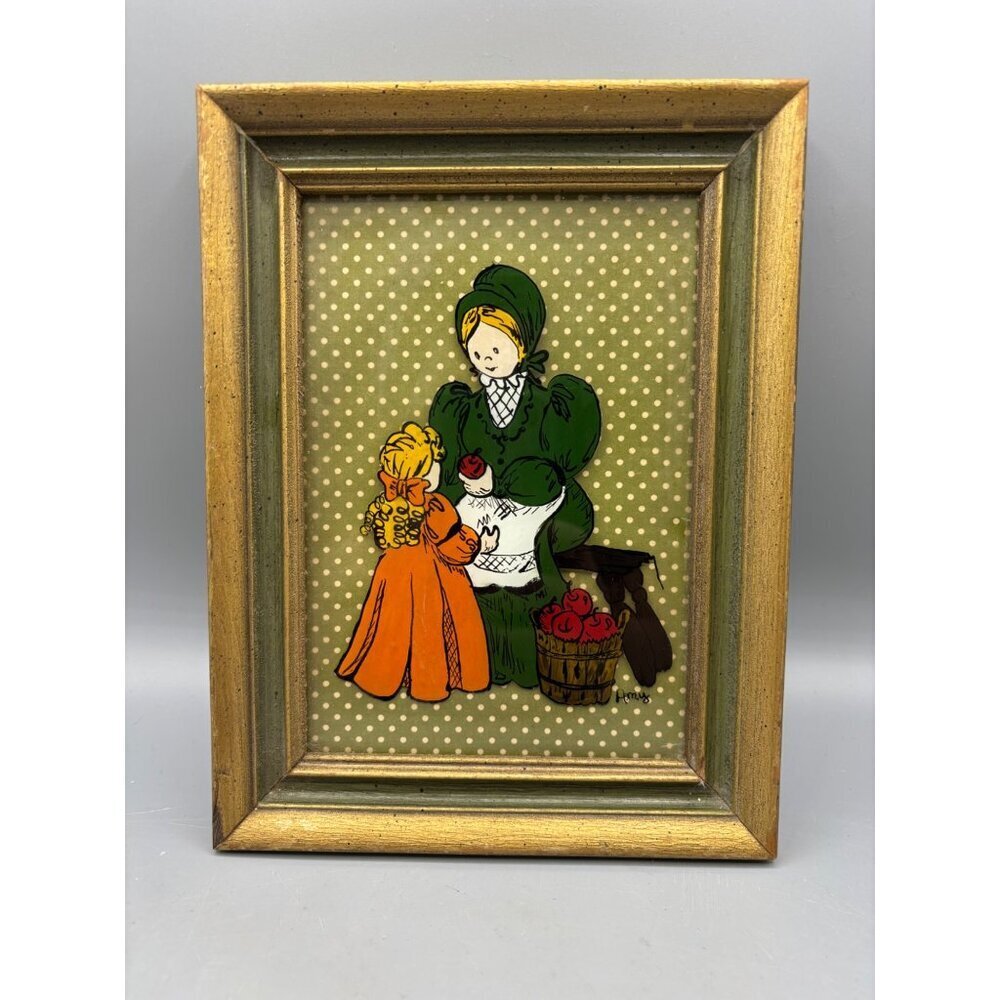 Vtg Reverse Hand Painted Glass Art With Wooden‎ Frame Mother Child